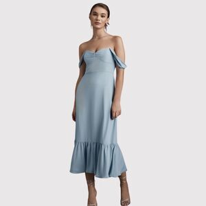 NWT BHLDN Dress Blue Munroe Georgette Maxi Off Shoulder Formal Bridesmaid Sz 14